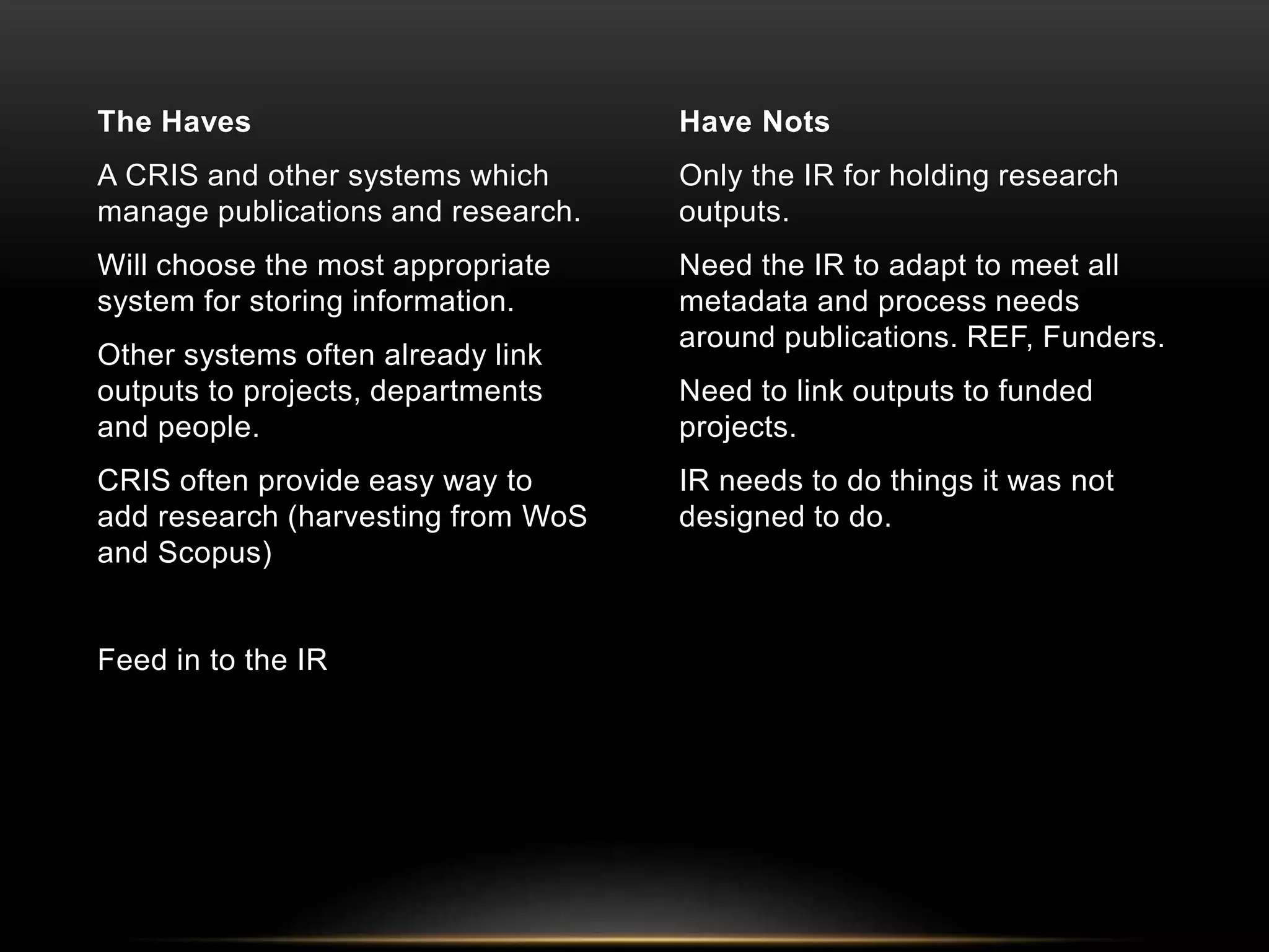 The Haves 
A CRIS and other systems which 
manage publications and research. 
Will choose the most appropriate 
system for storing information. 
Other systems often already link 
outputs to projects, departments 
and people. 
CRIS often provide easy way to 
add research (harvesting from WoS 
and Scopus) 
Feed in to the IR 
Have Nots 
Only the IR for holding research 
outputs. 
Need the IR to adapt to meet all 
metadata and process needs 
around publications. REF, Funders. 
Need to link outputs to funded 
projects. 
IR needs to do things it was not 
designed to do. 
 