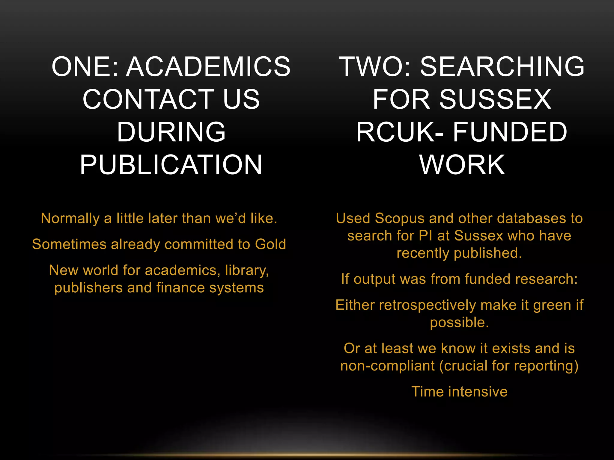 ONE: ACADEMICS 
CONTACT US 
DURING 
PUBLICATION 
Normally a little later than we’d like. 
Sometimes already committed to Gold 
New world for academics, library, 
publishers and finance systems 
TWO: SEARCHING 
FOR SUSSEX 
RCUK- FUNDED 
WORK 
Used Scopus and other databases to 
search for PI at Sussex who have 
recently published. 
If output was from funded research: 
Either retrospectively make it green if 
possible. 
Or at least we know it exists and is 
non-compliant (crucial for reporting) 
Time intensive 
 