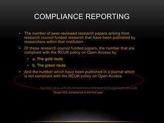 COMPLIANCE REPORTING 
• The number of peer‐reviewed research papers arising from 
research council funded research that have been published by 
researchers within that institution. 
• Of these research council funded papers, the number that are 
compliant with the RCUK policy on Open Access by: 
• a. The gold route 
• b. The green route. 
• And the number which have been published in a journal which 
is not compliant with the RCUK policy on Open Access. 
http://www.rcuk.ac.uk/RCUK-prod/assets/documents/documents/ComplianceMonitoring.pdf 
Target 45% compliance in the first year 
 