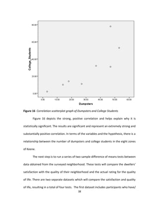 Figure 16 Correlation scatterplot graph of Dumpsters and College Students

       Figure 16 depicts the strong, positive correlation and helps explain why it is

statistically significant. The results are significant and represent an extremely strong and

substantially positive correlation. In terms of the variables and the hypothesis, there is a

relationship between the number of dumpsters and college students in the eight zones

of Keene.

       The next step is to run a series of two sample difference of means tests between

data obtained from the surveyed neighborhood. These tests will compare the dwellers’

satisfaction with the quality of their neighborhood and the actual rating for the quality

of life. There are two separate datasets which will compare the satisfaction and quality

of life, resulting in a total of four tests. The first dataset includes participants who have/
                                             38
 