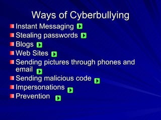 Ways of Cyberbullying Instant Messaging  Stealing passwords Blogs Web Sites Sending pictures through phones and email Sending malicious code Impersonations Prevention 