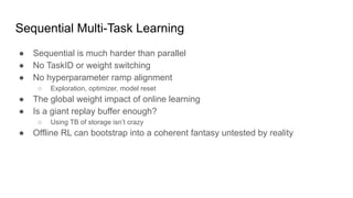 Sequential Multi-Task Learning
● Sequential is much harder than parallel
● No TaskID or weight switching
● No hyperparameter ramp alignment
○ Exploration, optimizer, model reset
● The global weight impact of online learning
● Is a giant replay buffer enough?
○ Using TB of storage isn’t crazy
● Offline RL can bootstrap into a coherent fantasy untested by reality
 
