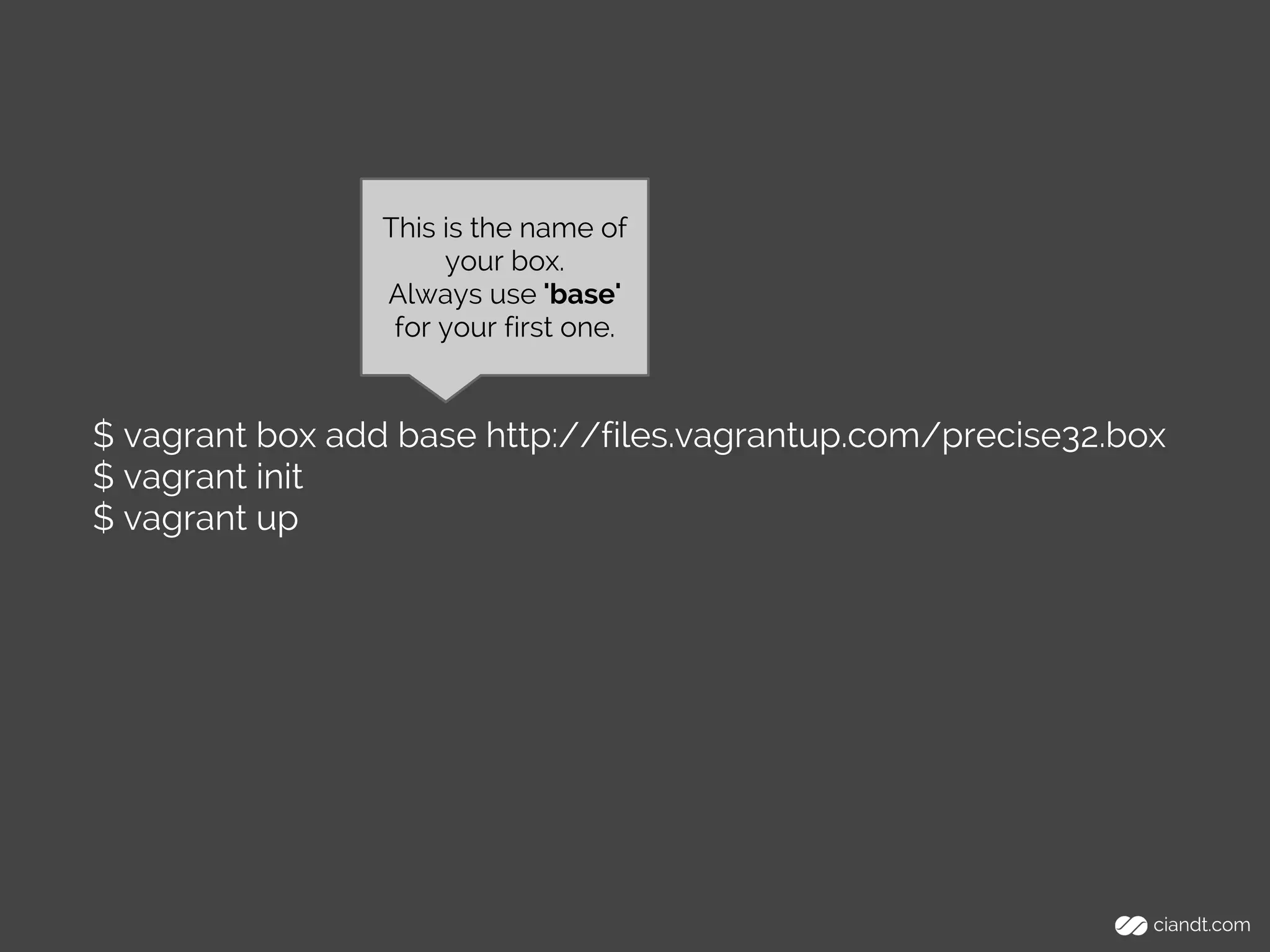 $ vagrant box add base http://files.vagrantup.com/precise32.box
$ vagrant init
$ vagrant up
This is the name of
your box.
Always use 'base'
for your first one.
 