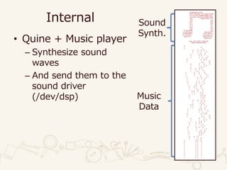 Internal
• Quine + Music player
– Synthesize sound
waves
– And send them to the
sound driver
(/dev/dsp)
eval$C=%q(at_exit{
open("/dev/dsp","wb"){|g|h=[0]*80
$><<"¥s"*18+"eval$C=%q(#$C);S=%:"
(S<<m=58).lines{|l|s=[128]*n=20E2
t=0; h.map!{|v|d=?!==l[
t]?1 :(l[
t]== ?#)?
0*v= 6:03
(v<1 ?[]:
0..n -1).
each {|z|
s[z] +=2*
M.sin(($*[0] ||1)
.to_f*M.sin(y= 40*(z+m)*2**
(t/12E0)/463)+ y)*(v-z*d/n)};
t+=1;v-d};m+= n;g.flush<<(s.
pack"C*"); puts(l)}}};M=
Math);S=%:
Jesu, Joy of Man's Desiring
Johann Sebastian Bach
#
| #
| #
# # # #
| | | #
| | # #
# # # #
| | | #
| | # #
# # # #
| | | #
| | # #
# # # #
| | | #
| | # #
# # # #
| | | #
| | # #
# # # #
| | | #
| | # #
# # # #
| | | #
| | #
# # # #
| | | #
| #| #
# # | #
| | | #
| | # #
# # # #
| | # |
| | # #
# # # #
| | | #
| | #
# # # #
| | # |
| # # |
# # # #
| | | #
| | # #
# # # #
| | | #
| | # #
# # # #
| | | #
| | # #
# # # #
| | | #
| | # #
# # # #
| | | #
| | # #
# # # #
| | | #
| | # #
# # # #
| | | #
| # #
# # #
| | | #
| # | #
# # # #
| | | |
| | | |
| | | |
| | | |
| | | |
| | | |
| | | |
| | | |
| | | |
| | | |
| | | :
Sound
Synth.
Music
Data
 