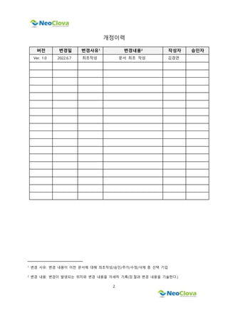 2
개정이력
버전 변경일 변경사유1
변경내용2
작성자 승인자
Ver. 1.0 2022.6.7 최초작성 문서 최초 작성 김경연
1
변경 사유: 변경 내용이 이전 문서에 대해 최초작성/승인/추가/수정/삭제 중 선택 기입
2
변경 내용: 변경이 발생되는 위치와 변경 내용을 자세히 기록(장.절과 변경 내용을 기술한다.)
 