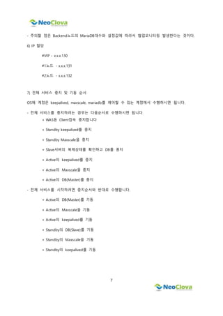 7
- 주의할 점은 Backend노드의 MariaDB대수와 설정값에 따라서 협업모니터링 발생한다는 것이다.
6) IP 할당
#VIP - x.x.x.130
#1노드 - x.x.x.131
#2노드 - x.x.x.132
7) 전체 서비스 중지 및 기동 순서
OS에 계정은 keepalived, maxscale, mariadb를 제어할 수 있는 계정에서 수행하시면 됩니다.
- 전체 서비스를 중지하려는 경우는 다음순서로 수행하시면 됩니다.
+ WAS등 Client접속 중지합니다
+ Standby keepalived를 중지
+ Standby Maxscale을 중지
+ Slave서버의 복제상태를 확인하고 DB를 중지
+ Active의 keepalived를 중지
+ Active의 Maxscale을 중지
+ Active의 DB(Master)를 중지
- 전체 서비스를 시작하려면 중지순서와 반대로 수행합니다.
+ Active의 DB(Master)를 기동
+ Active의 Maxscale을 기동
+ Active의 keepalived를 기동
+ Standby의 DB(Slave)를 기동
+ Standby의 Maxscale을 기동
+ Standby의 keepalived를 기동
 
