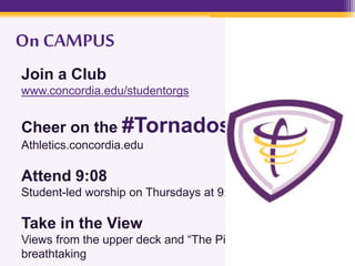 On CAMPUS
Join a Club
www.concordia.edu/studentorgs
Cheer on the #Tornados
Athletics.concordia.edu
Attend 9:08
Student-led worship on Thursdays at 9:08p
Take in the View
Views from the upper deck and “The Pier” are
breathtaking
 