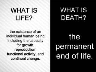WHAT IS 
LIFE? 
WHAT IS 
DEATH? 
the existence of an 
individual human being 
including the capacity 
for growth, 
reproduction, 
functional activity, and 
continual change. 
the 
permanent 
end of life. 
 