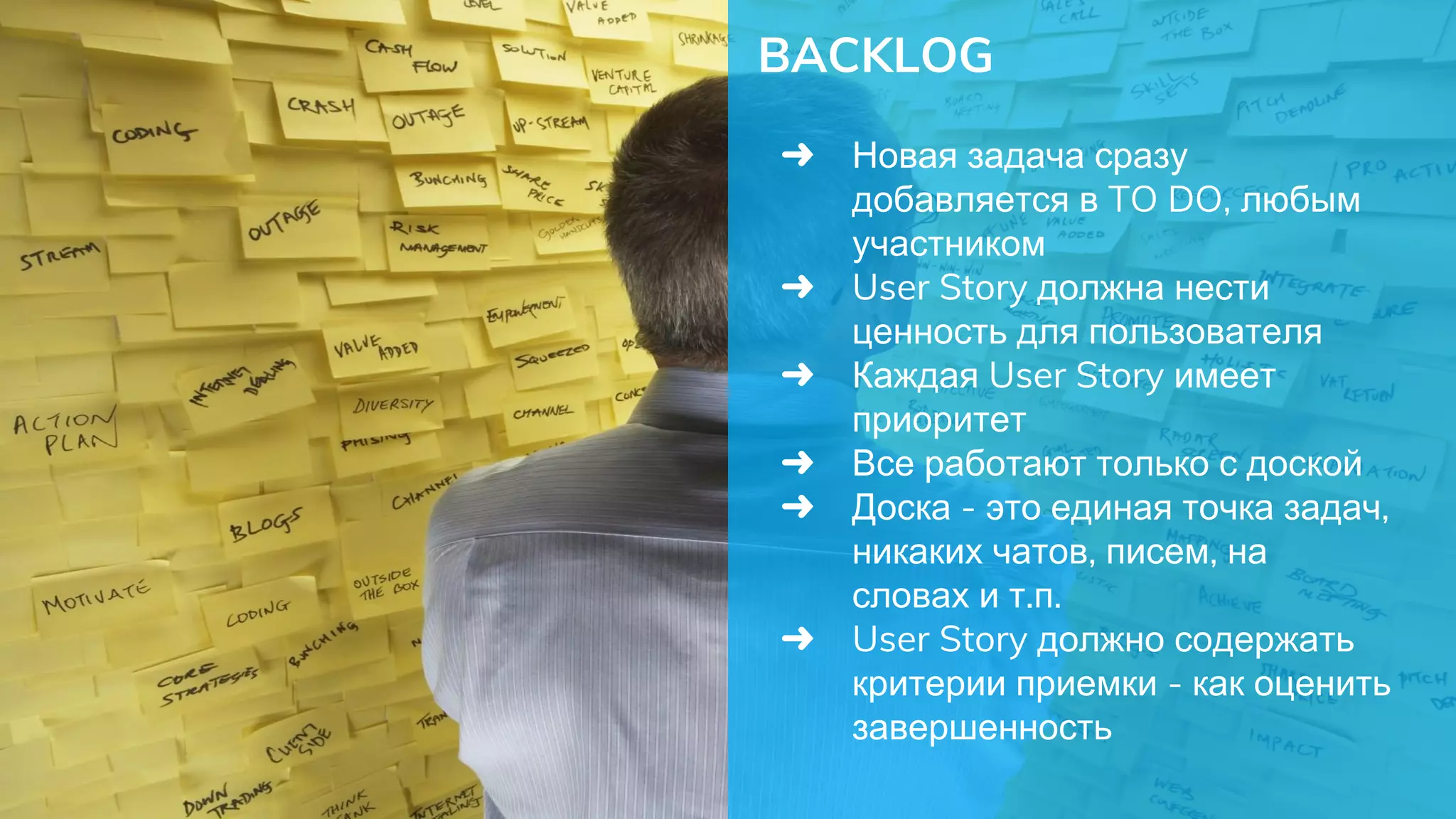 BACKLOG
➜ Новая задача сразу
добавляется в TO DO, любым
участником
➜ User Story должна нести
ценность для пользователя
➜ Каждая User Story имеет
приоритет
➜ Все работают только с доской
➜ Доска - это единая точка задач,
никаких чатов, писем, на
словах и т.п.
➜ User Story должно содержать
критерии приемки - как оценить
завершенность
 