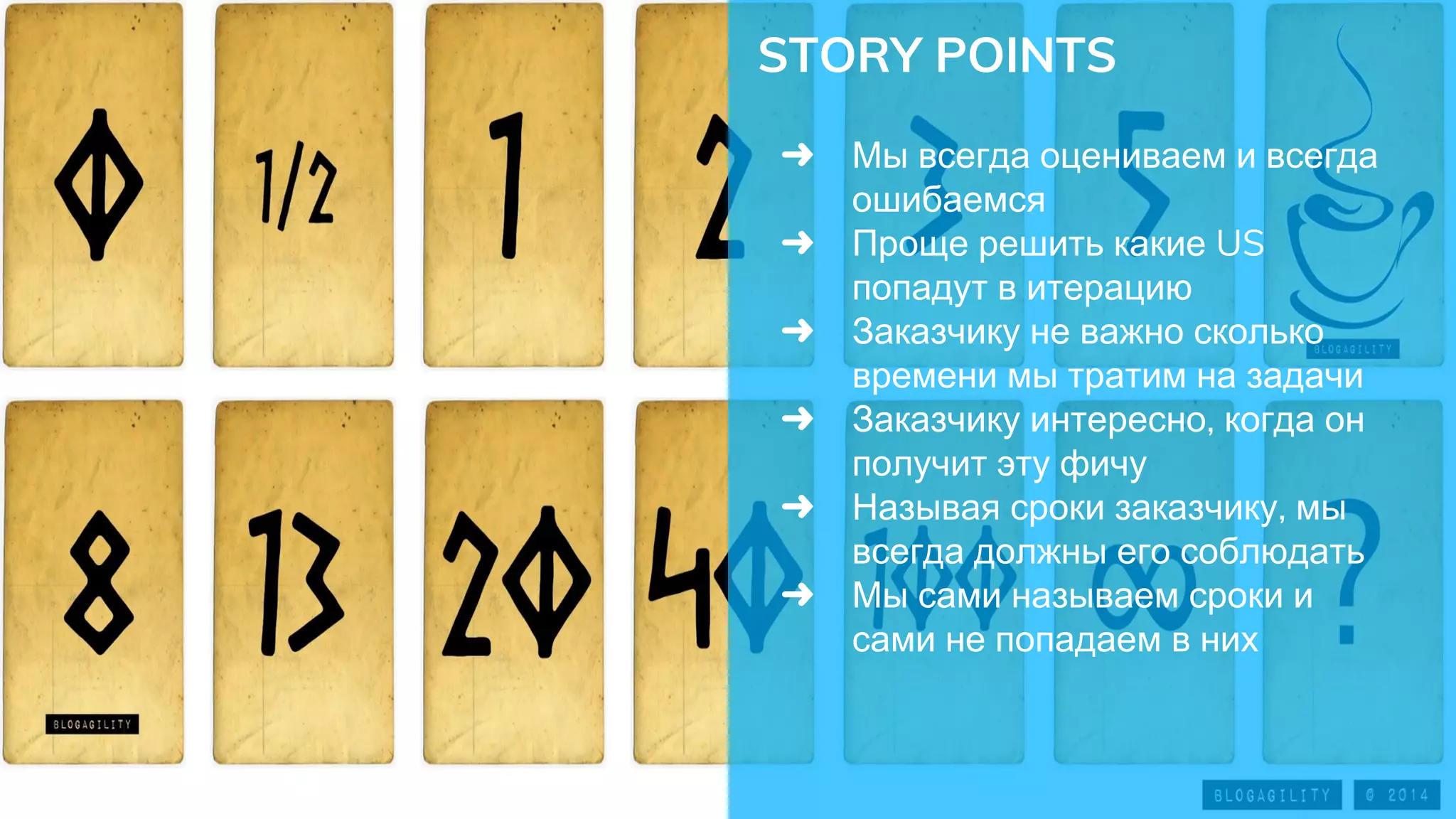 STORY POINTS
➜ Мы всегда оцениваем и всегда
ошибаемся
➜ Проще решить какие US
попадут в итерацию
➜ Заказчику не важно сколько
времени мы тратим на задачи
➜ Заказчику интересно, когда он
получит эту фичу
➜ Называя сроки заказчику, мы
всегда должны его соблюдать
➜ Мы сами называем сроки и
сами не попадаем в них
 