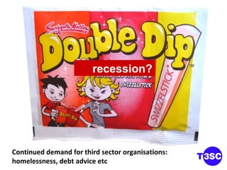 recession? Continued demand for third sector organisations: homelessness, debt advice etc 