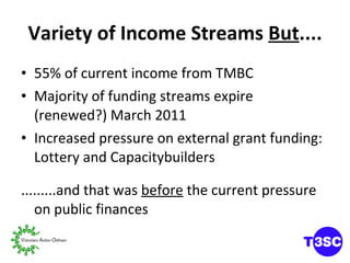 Variety of Income Streams  But .... 55% of current income from TMBC Majority of funding streams expire (renewed?) March 2011 Increased pressure on external grant funding: Lottery and Capacitybuilders .........and that was  before  the current pressure on public finances 