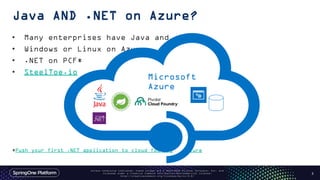 Java AND .NET on Azure?
• Many enterprises have Java and .NET
• Windows or Linux on Azure
• .NET on PCF*
• SteelToe.io
*Pu...