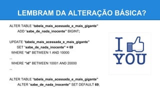 ALTER TABLE “tabela_mais_acessada_e_mais_gigante”
ADD “sabe_de_nada_inocente” BIGINT;
UPDATE “tabela_mais_acessada_e_mais_gigante”
SET “sabe_de_nada_inocente” = 69
WHERE “id” BETWEEN 1 AND 10000
...
WHERE “id” BETWEEN 10001 AND 20000
...
ALTER TABLE “tabela_mais_acessada_e_mais_gigante”
ALTER “sabe_de_nada_inocente” SET DEFAULT 69;
LEMBRAM DA ALTERAÇÃO BÁSICA?
 