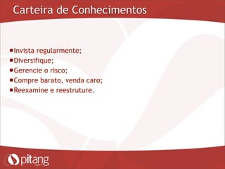 Carteira de Conhecimentos
Invista regularmente;
Diversifique;
Gerencie o risco;
Compre barato, venda caro;
Reexamine e reestruture.
 