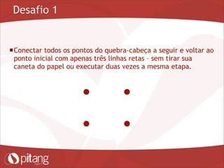 Desafio 1
Conectar todos os pontos do quebra-cabeça a seguir e voltar ao
ponto inicial com apenas três linhas retas – sem tirar sua
caneta do papel ou executar duas vezes a mesma etapa.
 