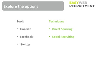 Explore the options


       Tools          Techniques

       • Linkedin     • Direct Sourcing

       • Facebook     • Social Recruiting

       • Twitter
 