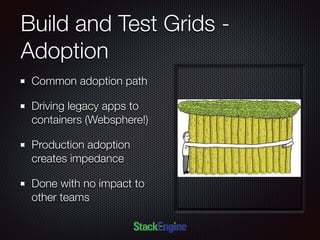 Build and Test Grids -
Adoption
Common adoption path
Driving legacy apps to
containers (Websphere!)
Production adoption
creates impedance
Done with no impact to
other teams
 