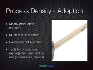 Process Density - Adoption
Mostly production
concern
Much talk, little action
Revolution not evolution
Tools for production
management are hard to
use (Kubernetes, Mesos)
 