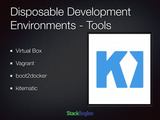 Disposable Development
Environments - Tools
Virtual Box
Vagrant
boot2docker
kitematic
 