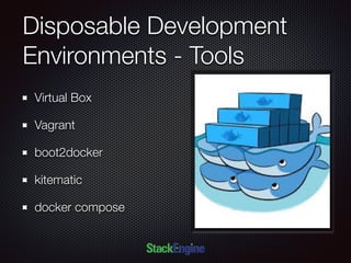 Disposable Development
Environments - Tools
Virtual Box
Vagrant
boot2docker
kitematic
docker compose
 