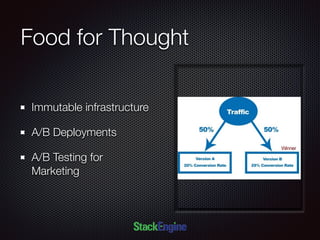 Food for Thought
Immutable infrastructure
A/B Deployments
A/B Testing for
Marketing
 