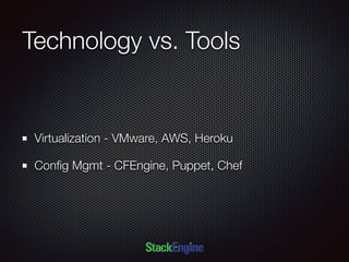 Technology vs. Tools
Virtualization - VMware, AWS, Heroku
Conﬁg Mgmt - CFEngine, Puppet, Chef
 