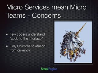 Micro Services mean Micro
Teams - Concerns
Few coders understand
“code to the interface”
Only Unicorns to reason
from currently
 