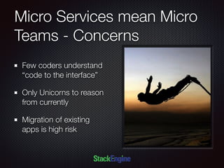 Micro Services mean Micro
Teams - Concerns
Few coders understand
“code to the interface”
Only Unicorns to reason
from currently
Migration of existing
apps is high risk
 
