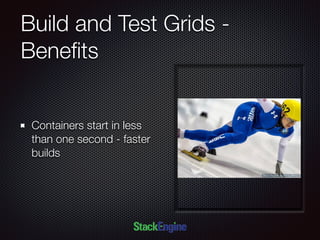 Build and Test Grids -
Beneﬁts
Containers start in less
than one second - faster
builds
 