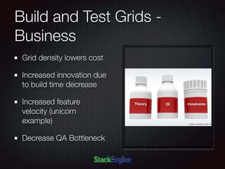 Build and Test Grids -
Business
Grid density lowers cost
Increased innovation due
to build time decrease
Increased feature
velocity (unicorn
example)
Decrease QA Bottleneck
 