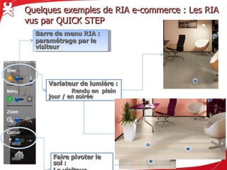 Quelques exemples de RIA e-commerce : Les RIA vus par QUICK STEP

   Barre de menu RIA :
   paramétrage par le visiteur




          Variateur de lumière :
          Rendu en plein jour / en soirée




            Faire pivoter le sol :
            Le visiteur s’approprie l’espace
 