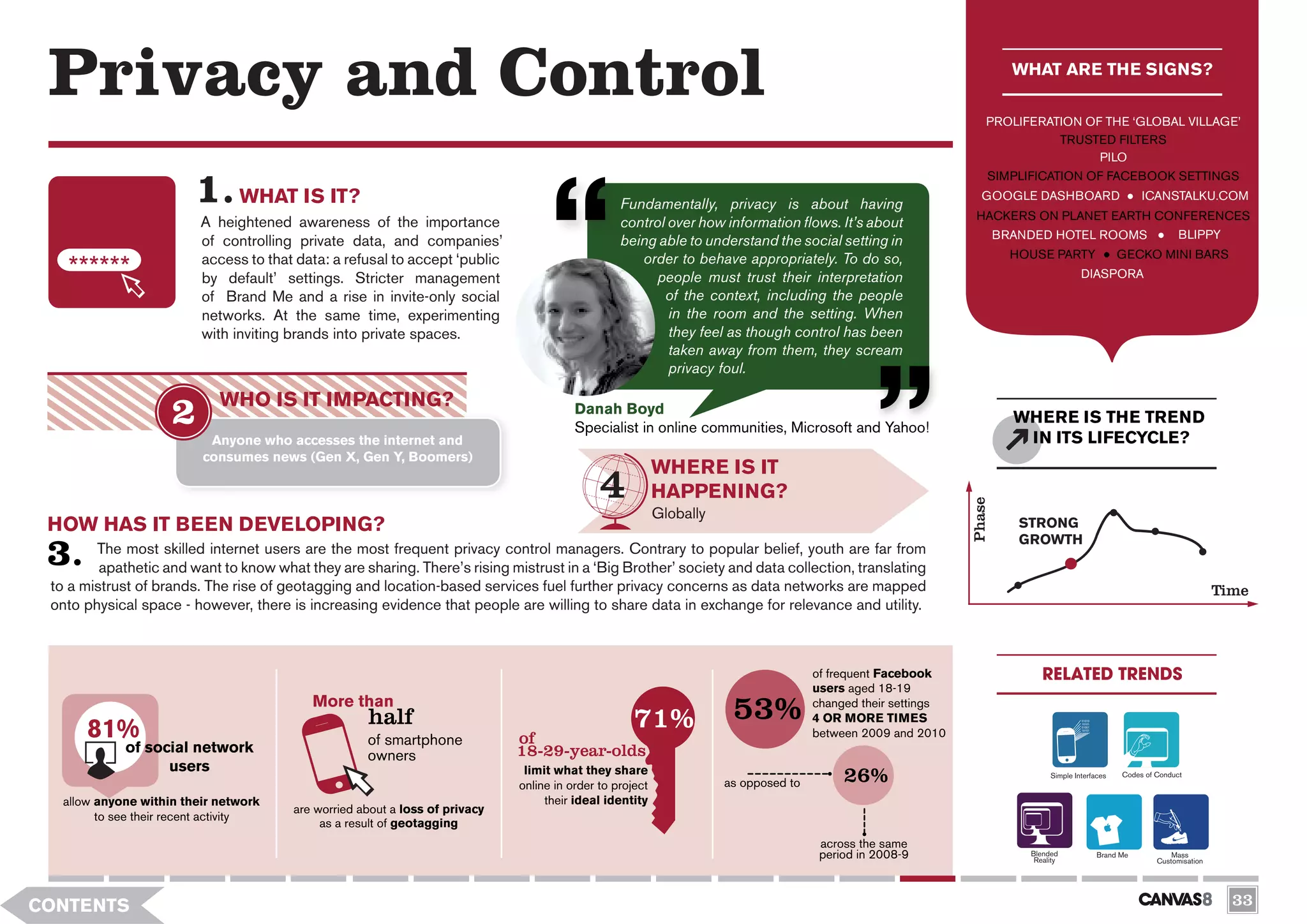 Privacy and Control                                                                                                                                                     WHAT ARE THE SIGNS?

                                                                                                                                                                   PROLIFERATION OF THE ‘GLOBAL VILLAGE’
                                                                                                                                                                             TRUSTED FILTERS
                                                                                                                                                                                   PILO
                                                                                                                                                                   SIMPLIFICATION OF FACEBOOK SETTINGS
                                 WHAT IS IT?                                                      Fundamentally, privacy is about having
                                                                                                                                                                  GOOGLE DASHBOARD                       ICANSTALKU.COM
                                                                                                                                                                HACKERS ON PLANET EARTH CONFERENCES
                          A heightened awareness of the importance                                control over how information flows. It’s about
                                                                                                                                                                       BRANDED HOTEL ROOMS                         BLIPPY
                          of controlling private data, and companies’                             being able to understand the social setting in
                          access to that data: a refusal to accept ‘public                           order to behave appropriately. To do so,                            HOUSE PARTY                GECKO MINI BARS
                          by default’ settings. Stricter management                                     people must trust their interpretation                                           DIASPORA
                          of Brand Me and a rise in invite-only social                                   of the context, including the people
                          networks. At the same time, experimenting                                       in the room and the setting. When
                          with inviting brands into private spaces.                                       they feel as though control has been
                                                                                                          taken away from them, they scream
                                                                                                          privacy foul.

                              WHO IS IT IMPACTING?                                       Danah Boyd
                                                                                                                                                                         WHERE IS THE TREND
                                                                                         Specialist in online communities, Microsoft and Yahoo!
                            Anyone who accesses the internet and                                                                                                          IN ITS LIFECYCLE?
                           consumes news (Gen X, Gen Y, Boomers)
                                                                                                           WHERE IS IT
                                                                                                           HAPPENING?




                                                                                                                                                               Phase
                                                                                                           Globally
 HOW HAS IT BEEN DEVELOPING?                                                                                                                                              STRONG
                                                                                                                                                                          GROWTH
        The most skilled internet users are the most frequent privacy control managers. Contrary to popular belief, youth are far from
         apathetic and want to know what they are sharing. There’s rising mistrust in a ‘Big Brother’ society and data collection, translating
 to a mistrust of brands. The rise of geotagging and location-based services fuel further privacy concerns as data networks are mapped                                                                                       Time
 onto physical space - however, there is increasing evidence that people are willing to share data in exchange for relevance and utility.



                                                                                                                                      of frequent Facebook                    RELATED TRENDS
                                                                                                                                      users aged 18-19
                                           More than
                                                     half                                            71%               53%            changed their settings
                                                                                                                                      4 OR MORE TIMES
       81%                                           of smartphone            of                                                      between 2009 and 2010
             of social network                                                18-29-year-olds
                                                     owners
                   users                                                       limit what they share
                                                                              online in order to project              as opposed to        26%                                  Simple Interfaces   Codes of Conduct


   allow anyone within their network                                               their ideal identity
                                        are worried about a loss of privacy
         to see their recent activity
                                             as a result of geotagging
                                                                                                                                       across the same
                                                                                                                                       period in 2008-9                    Blended
                                                                                                                                                                            Reality
                                                                                                                                                                                              Brand Me           Mass
                                                                                                                                                                                                             Customisation




CONTENTS                                                                                                                                                                                                                       33
 