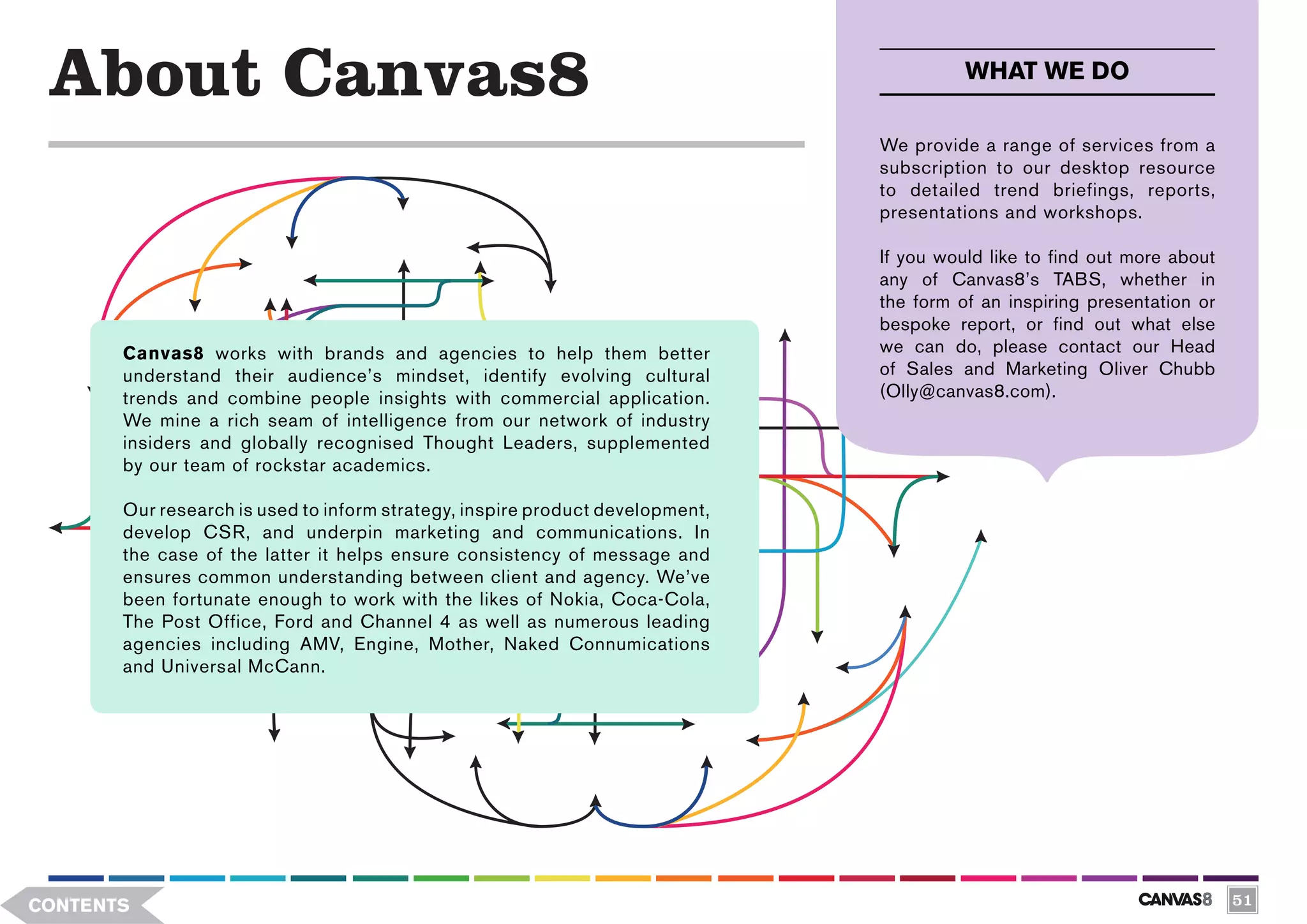 About Canvas8                                                                           WHAT WE DO

                                                                               We provide a range of services from a
                                                                               subscription to our desktop resource
                                                                               to detailed trend briefings, reports,
                                                                               presentations and workshops.

                                                                               If you would like to find out more about
                                                                               any of Canvas8’s TABS, whether in
                                                                               the form of an inspiring presentation or
                                                                               bespoke report, or find out what else
       Canvas8 works with brands and agencies to help them better              we can do, please contact our Head
       understand their audience’s mindset, identify evolving cultural         of Sales and Marketing Oliver Chubb
       trends and combine people insights with commercial application.         (Olly@canvas8.com).
       We mine a rich seam of intelligence from our network of industry
       insiders and globally recognised Thought Leaders, supplemented
       by our team of rockstar academics.

       Our research is used to inform strategy, inspire product development,
       develop CSR, and underpin marketing and communications. In
       the case of the latter it helps ensure consistency of message and
       ensures common understanding between client and agency. We’ve
       been fortunate enough to work with the likes of Nokia, Coca-Cola,
       The Post Office, Ford and Channel 4 as well as numerous leading
       agencies including AMV, Engine, Mother, Naked Connumications
       and Universal McCann.




CONTENTS                                                                                                                  51
 