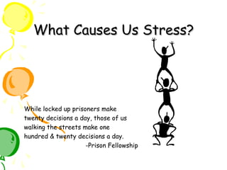 What Causes Us Stress?What Causes Us Stress?
While locked up prisoners make
twenty decisions a day, those of us
walking th...