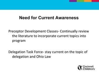 Need for Current Awareness  Preceptor Development Classes- Continually review the literature to incorporate current topics into program Delegation Task Force- stay current on the topic of delegation and Ohio Law  