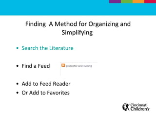 Finding  A Method for Organizing and Simplifying  Search the Literature  Find a Feed  Add to Feed Reader  Or Add to Favorites  