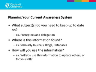 Planning Your Current Awareness System What subject(s) do you need to keep up to date on? ex. Preceptors and delegation Where is this information found? ex. Scholarly Journals, Blogs, Databases How will you use the information? ex. Will you use this information to update others, or for yourself? 