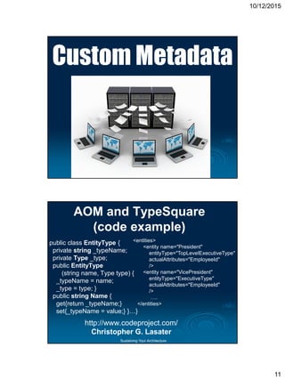 10/12/2015
11
Sustaining Your Architecture
Custom Metadata
Sustaining Your Architecture
AOM and TypeSquare
(code example)
public class EntityType {
private string _typeName;
private Type _type;
public EntityType
(string name, Type type) {
_typeName = name;
_type = type; }
public string Name {
get{return _typeName;}
set{_typeName = value;} }…}
http://www.codeproject.com/
Christopher G. Lasater
<entities>
<entity name="President"
entityType="TopLevelExecutiveType"
actualAttributes="EmployeeId"
/>
<entity name="VicePresident"
entityType="ExecutiveType"
actualAttributes="EmployeeId"
/>
….
</entities>
 