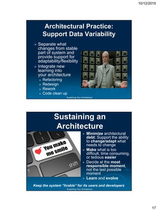 10/12/2015
17
Sustaining Your Architecture
Architectural Practice:
Support Data Variability
 Separate what
changes from stable
part of system and
provide support for
adaptability/flexibility
 Integrate new
learning into
your architecture
 Refactoring
 Redesign
 Rework
 Code clean up
Sustaining Your Architecture
Sustaining an
Architecture
 Minimize architectural
debt: Support the ability
to change/adapt what
needs to change
 Make what is too
difficult, time consuming,
or tedious easier
 Decide at the most
responsible moment,
not the last possible
moment
 Learn and evolve
Keep the system “livable” for its users and developers
 