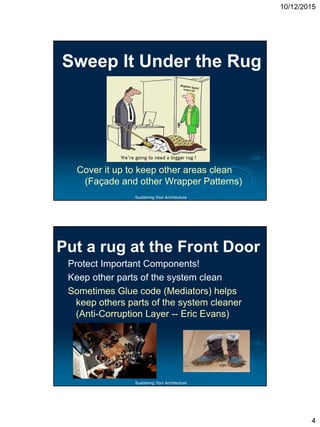 10/12/2015
4
Sustaining Your Architecture
Sweep It Under the Rug
Cover it up to keep other areas clean
(Façade and other Wrapper Patterns)
Sustaining Your Architecture
Put a rug at the Front Door
Protect Important Components!
Keep other parts of the system clean
Sometimes Glue code (Mediators) helps
keep others parts of the system cleaner
(Anti-Corruption Layer -- Eric Evans)
 