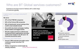 Who are BT Global services customers?
     Experience and track record of delivery with a wide range
     of customers globally

A global leader in managed networked IT                                                      BTGS revenue by sector 2011/12
services                                                                                              6%    3%

We serve:
• 87% of the FTSE100 companies                                                               18%
• 64% of the Fortune 500 companies
                                                                                                                             47%
• 90% of Interbrands’ annual ranking of the
  world’s most valuable brands
• the world’s top stock exchanges, leading
  broker-dealers and biggest banks.
                                                       BTGS’s vertical initiatives                 26%
• We also supply services to national and              represent an industry strategy that
  local government organisations and other                                                      Corporate customers
                                                       is fully integrated with its global
  public sector bodies in the UK and in 16             MNC efforts.                             Public sector (UK and overseas)
  countries around the world.                                                                   Financial institutions
                                                       Ovum 2011                                Transit
Experience, and a track record
                                                                                                Other global carrier
• Around 7,000 corporate and public sector
  customers across more than 170
  countries
• Widely recognised as market leader by
  industry watchers            © British Telecommunications plc                                            Our customers     3
 