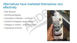 Alternatives have marketed themselves very
effectively
• New flavours
• Exciting packaging
• Innovation to lifestyle – on-the-go
• Cachet of Instagram associations
• Category in motion – enticing to retail
• Importance of brand
 