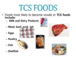 TCS FOODS
• Foods most likely to become unsafe or TCS foods
include:
– Milk and Dairy Products
– Meat; beef, pork, lab
– Eggs
– Poultry
– Fish
– Shellfish
 