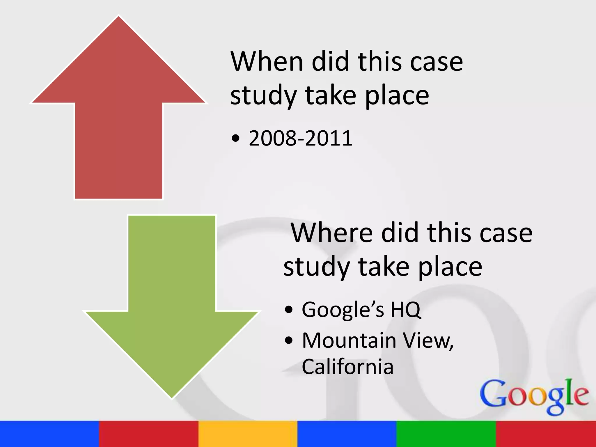When did this case
study take place
• 2008-2011
Where did this case
study take place
• Google’s HQ
• Mountain View,
California
 