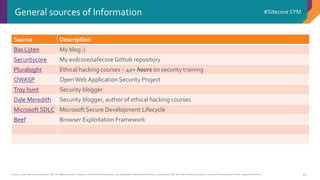 © 2001-2016 Sitecore Corporation A/S. All rights reserved. Sitecore® and Own the Experience® are registered trademarks of Sitecore Corporation A/S. All other brand and product names are the property of their respective owners.
#Sitecore SYM
44
Source Description
Bas Lijten My blog ;)
Securitycore My evilcore/safecore Github repository
Pluralsight Ethical hacking courses – 40+ hours on security training
OWASP Open Web Application Security Project
Troy hunt Security blogger
Dale Meredith Security blogger, author of ethical hacking courses
Microsoft SDLC Microsoft Secure Development Lifecycle
Beef Browser Exploitation Framework
General sources of Information
 