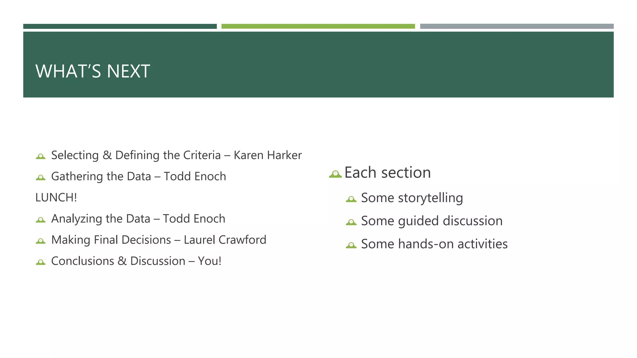 WHAT’S NEXT 
 Selecting & Defining the Criteria – Karen Harker 
 Gathering the Data – Todd Enoch 
LUNCH! 
 Analyzing the Data – Todd Enoch 
 Making Final Decisions – Laurel Crawford 
 Conclusions & Discussion – You! 
Each section 
 Some storytelling 
 Some guided discussion 
 Some hands-on activities 
 