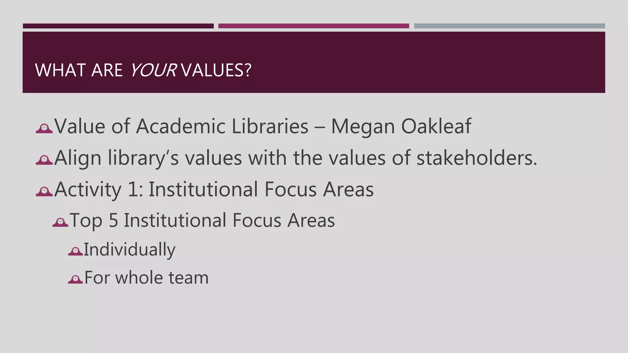 WHAT ARE YOUR VALUES? 
Value of Academic Libraries – Megan Oakleaf 
Align library’s values with the values of stakeholders. 
Activity 1: Institutional Focus Areas 
Top 5 Institutional Focus Areas 
Individually 
For whole team 
 