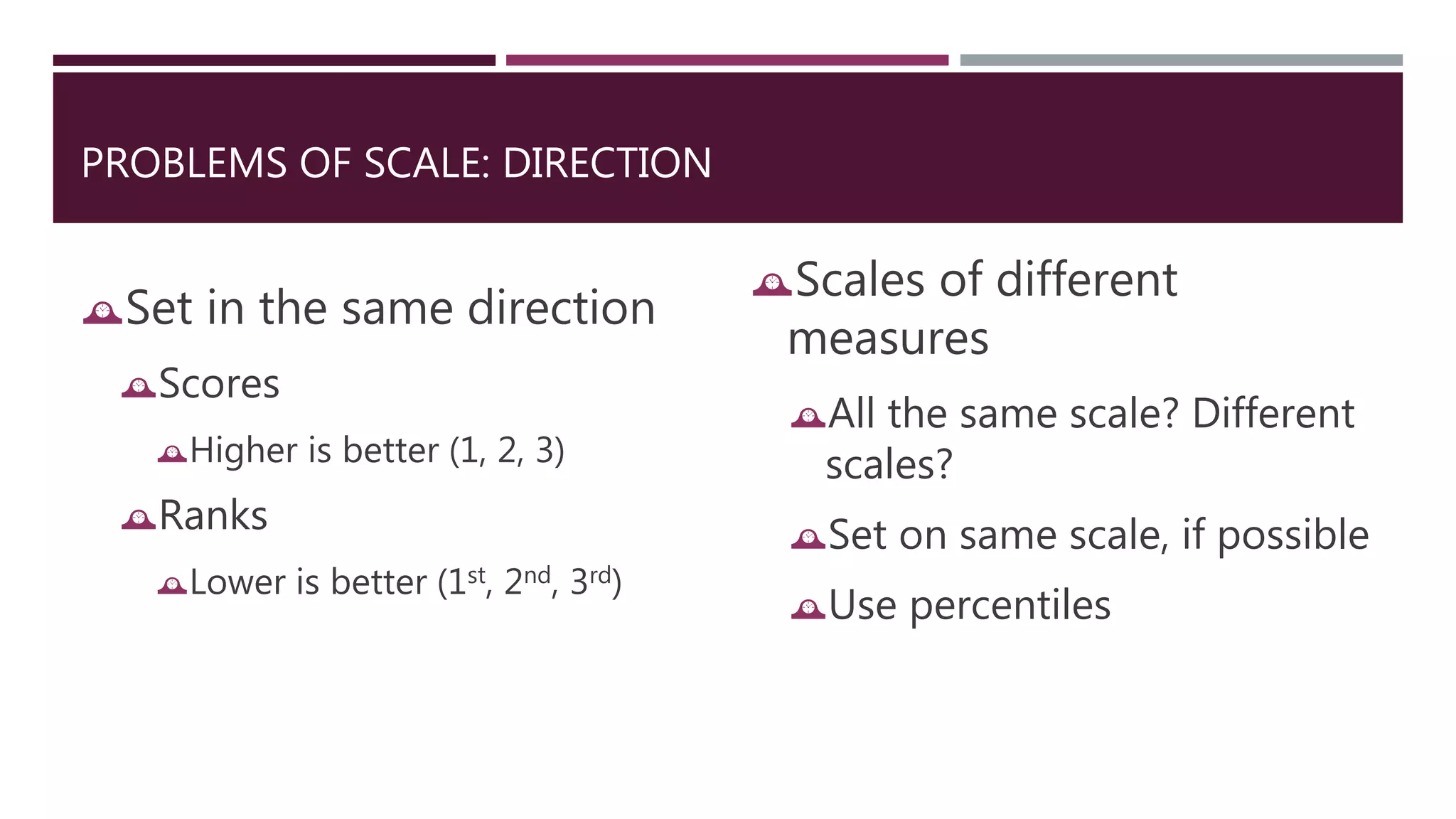 PROBLEMS OF SCALE: DIRECTION 
Set in the same direction 
Scores 
Higher is better (1, 2, 3) 
Ranks 
Lower is better (1st, 2nd, 3rd) 
Scales of different 
measures 
All the same scale? Different 
scales? 
Set on same scale, if possible 
Use percentiles 
 