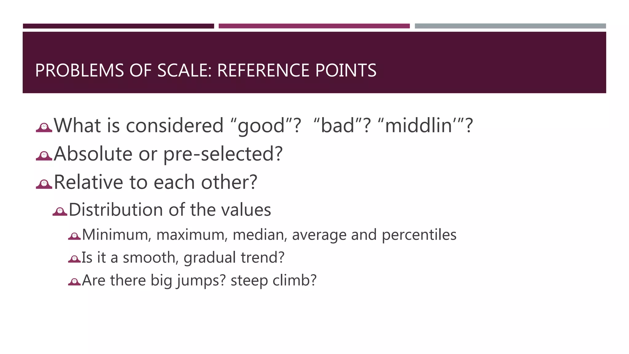 PROBLEMS OF SCALE: REFERENCE POINTS 
What is considered “good”? “bad”? “middlin’”? 
Absolute or pre-selected? 
Relative to each other? 
Distribution of the values 
Minimum, maximum, median, average and percentiles 
Is it a smooth, gradual trend? 
Are there big jumps? steep climb? 
 